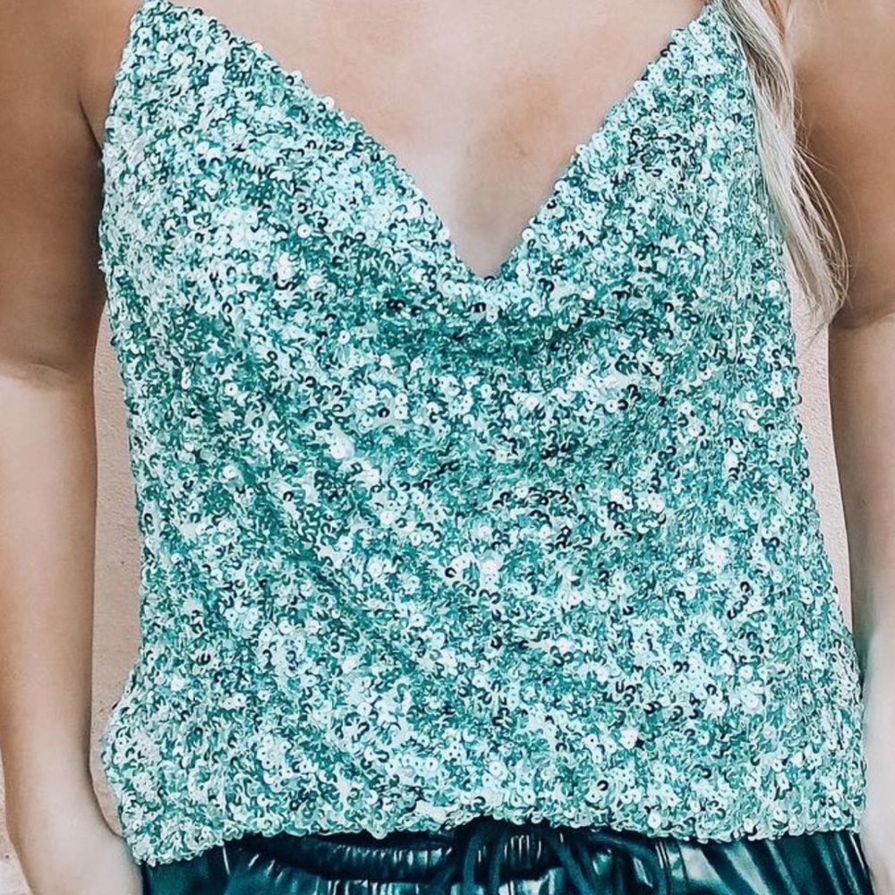 Blue sequin cow neck top